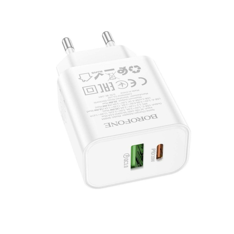 Блок живлення Borofone A88A \ Швидка зарядка 3.0 USB (18W) + Type C (PD 20W) \ Білий