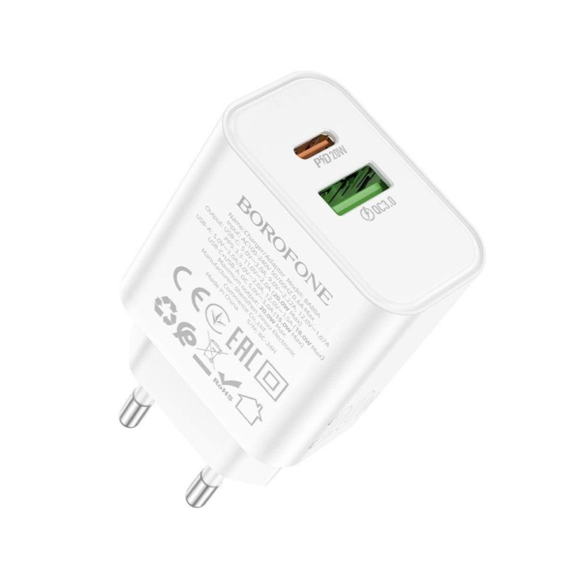 Блок живлення Borofone A88A \ Швидка зарядка 3.0 USB (18W) + Type C (PD 20W) \ Білий