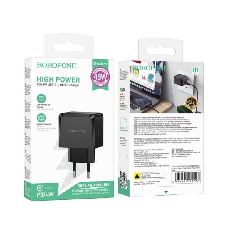 Мережева зарядка Borofone AS62A для Samsung A36 \ 2 вихода Type-c ( макс. 45ват ) \ Чорна
