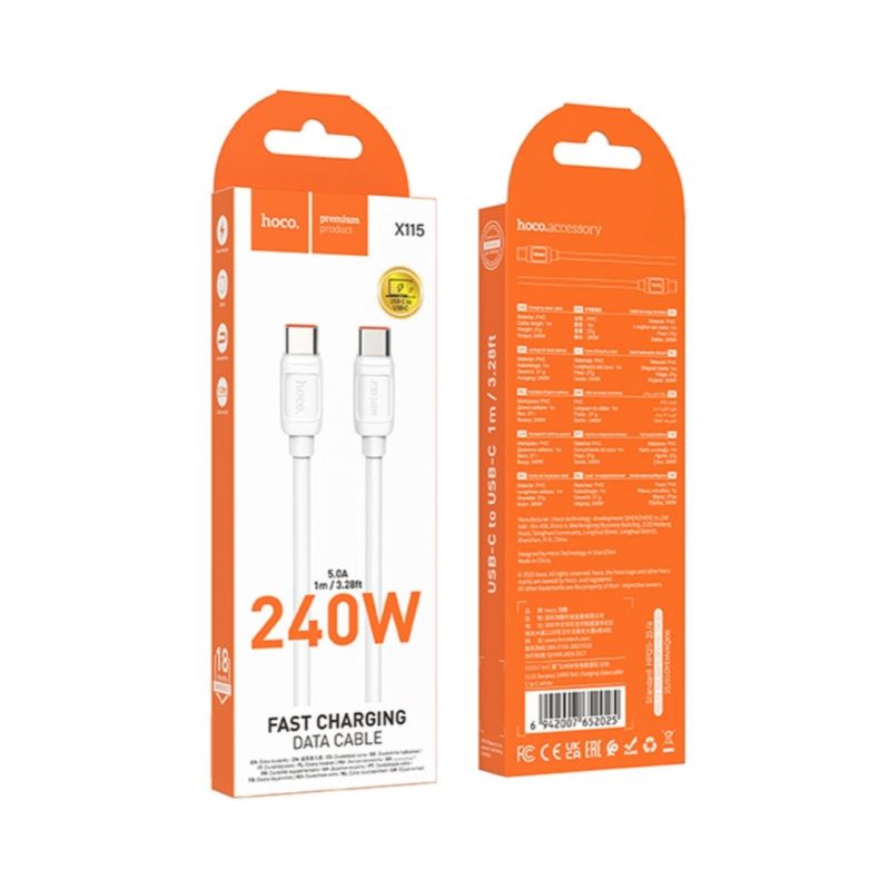 Кабель Hoco. X115 Type-C - Type-C / для смартфонов, ноутбуков / До 240 Ватт / 1 метр / Белый
