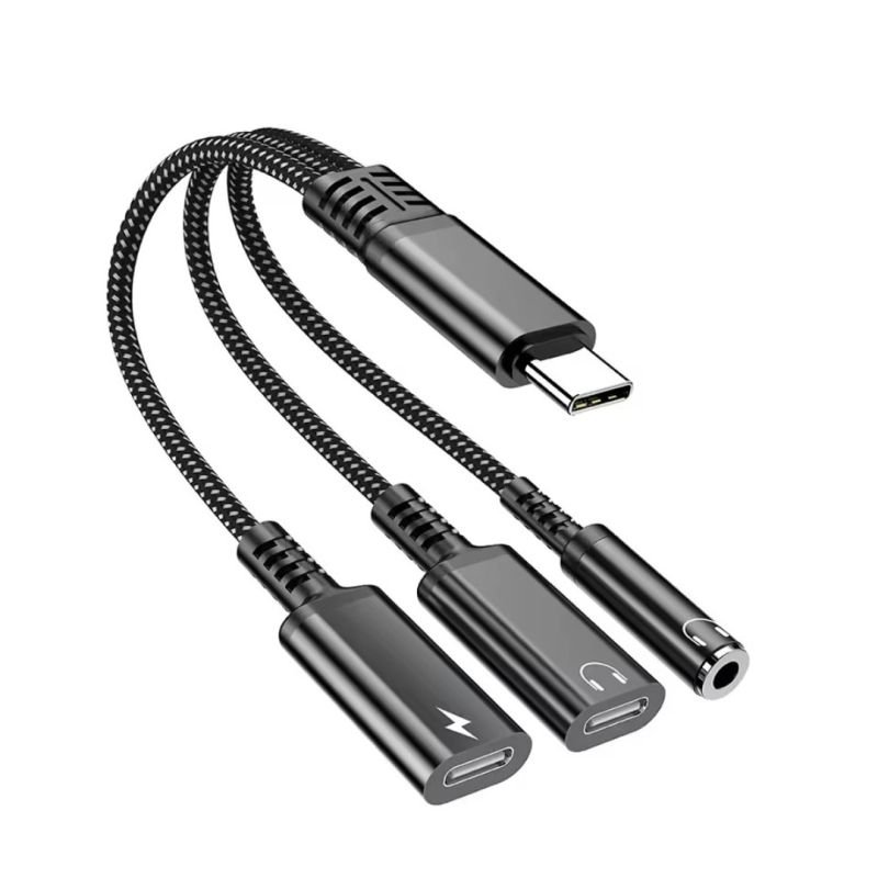 Переходник 60W 3в1 для Iphone 17, 17Pro, 17 Air \ Type-c - AUX 3.5, Type-c ( зарядка), AUX Type-c \ Черный