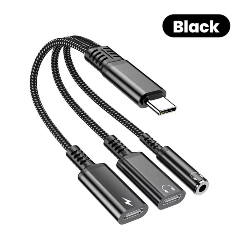 Переходник 60W 3в1 для Iphone 17, 17Pro, 17 Air \ Type-c - AUX 3.5, Type-c ( зарядка), AUX Type-c \ Черный