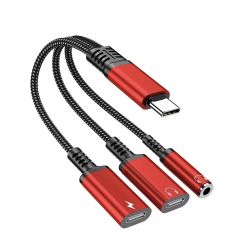 Переходник 60W 3в1 для Iphone 17,17Pro,17Air \ Type-c - AUX 3.5, Type-c ( зарядка), AUX Type-c \ Черно-красный